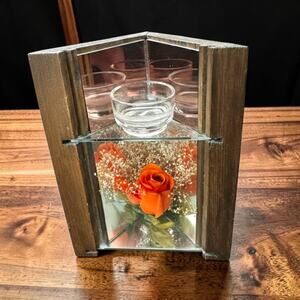 Vintage Wood Glass Candle Holder Pressed Flower Display Mid Century Modern
